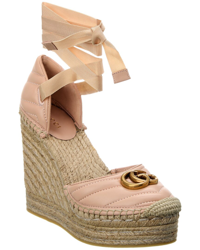 Gucci Gg Leather Platform Wedge Espadrille In Pink