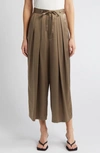 FRAME PLEATED SILK ANKLE WIDE LEG PANTS