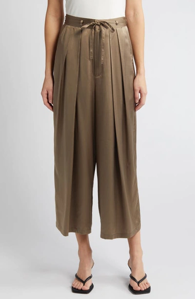 FRAME PLEATED SILK ANKLE WIDE LEG PANTS