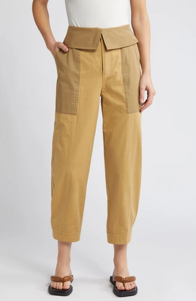 Frame Foldover Wide-leg Trousers In Light Tan Multi