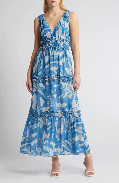 Socialite Double V Ruffle Tiered Maxi Dress In Blue Paintbrush