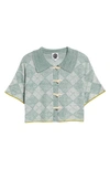 Yanyan Argyle Short Sleeve Linen Crop Cardigan In Jade
