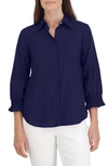 Foxcroft Olivia Bracelet Sleeve Hidden Placket Linen Blend Top In Navy
