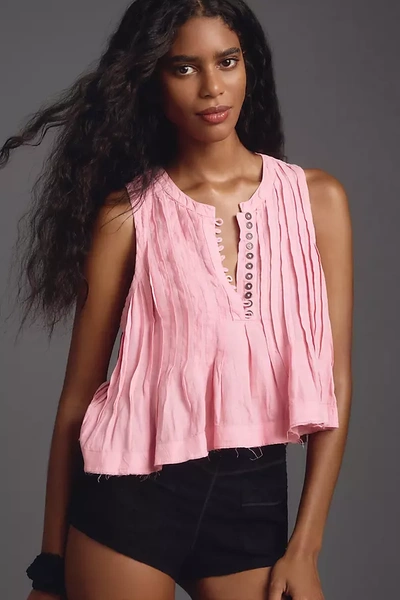 By Anthropologie Pleated Linen Tank Top In Pink