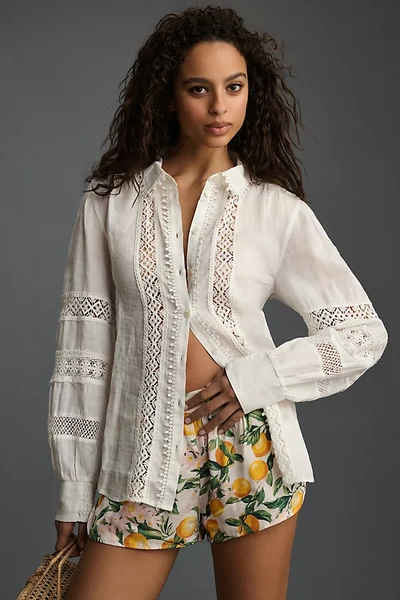 By Anthropologie Long-sleeve Buttondown Lace Blouse In White
