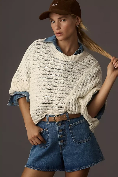 Pilcro Distressed Asymmetrical Open-stitch Sweater In White