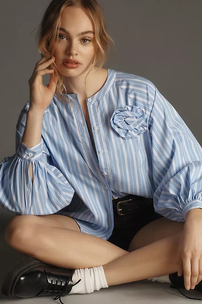 English Factory Striped Buttondown Blouse In Blue