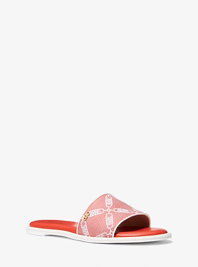 Michael Kors Saylor Empire Logo Jacquard Slide Sandal In Optic White,spiced Coral