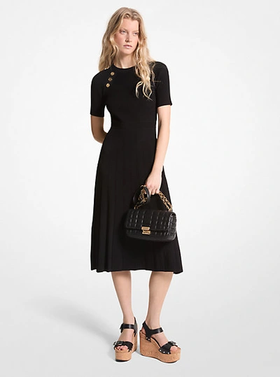 Michael Kors Ribbed Stretch Knit Button Midi Dress In Black