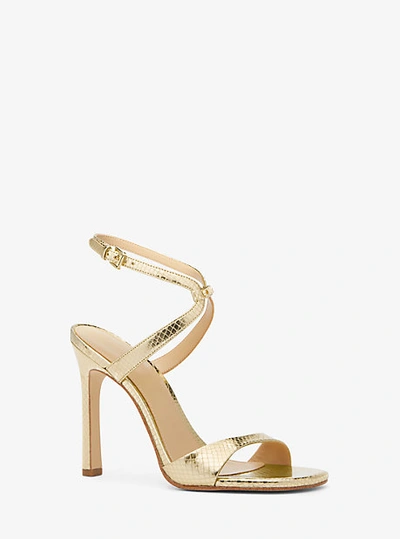 Michael Kors Amara Metallic Snake Embossed Leather Sandal In Gold