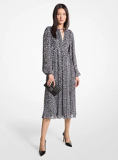 Michael Kors Pleated Leopard Print Georgette Midi Dress In Black