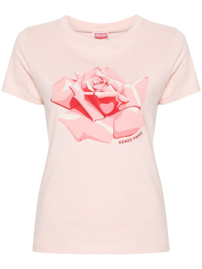 Kenzo Rose-print Cotton T-shirt In Light Pink