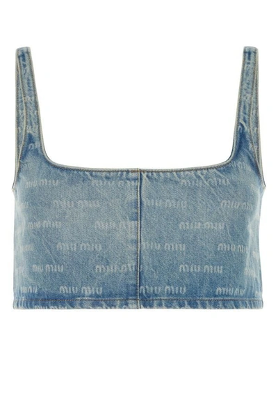 Miu Miu Printed Denim Crop-top In Blue