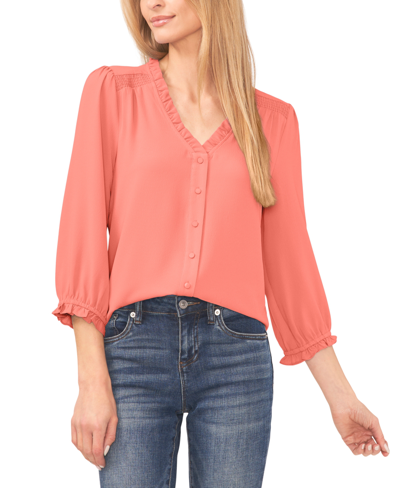 Cece Women's Ruffled Button Front 3/4-sleeve Blouse In Calypso Coral
