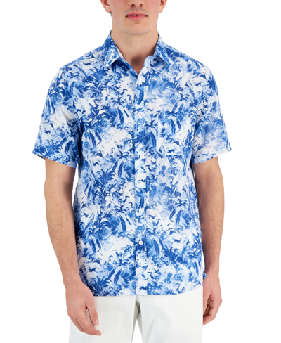 Club Room Men's Tropical Print Short-sleeve Button-front Linen Shirt, Created For Macy's In Alfresco Blue