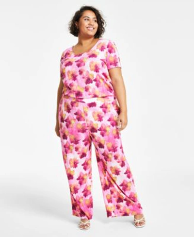 Bar Iii Plus Size Printed Textured Short Sleeve Top Wide Leg Pants Created For Macys In Frankie Floral