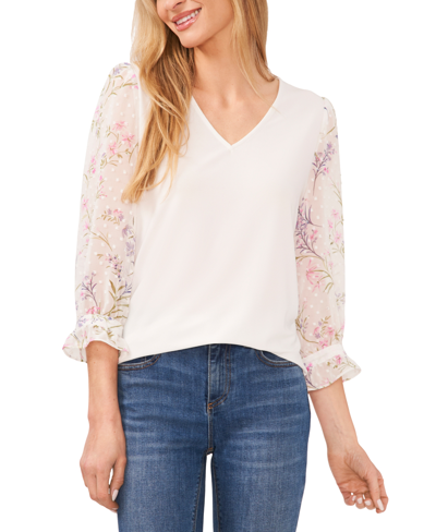 Cece Women's Floral V-neck Mix Media 3/4-sleeve Knit Top In New Ivory