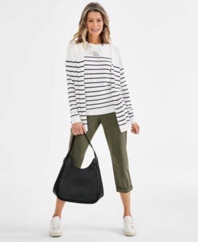 Style & Co Style Co Striped Sweater Tank Cardigan Embroidered Pants Hoop Earrings Necklace Hobo Bag Low Top Sne In Shiitake