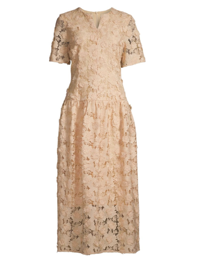 Misook Lace Pleated Drop Waist Maxi Dress In Pale Gold
