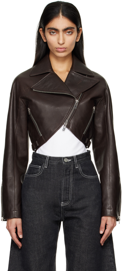 Alaïa Brown Cropped Leather Jacket In 994 - Ebene