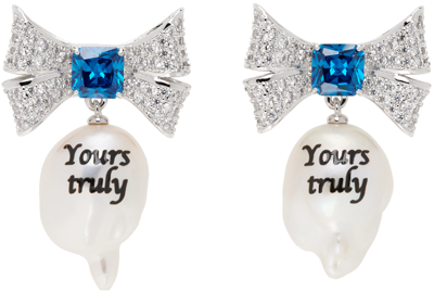 Jiwinaia Silver & White 'yours Truly' Pearl Earrings In Aqua Blue