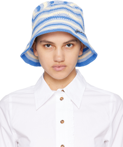 Ganni Blue & Off-white Embroidered Bucket Hat In Multicolour