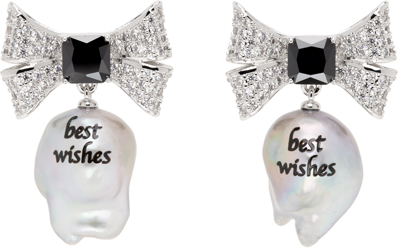 Jiwinaia Silver & White 'best Wishes' Pearl Earrings In Black