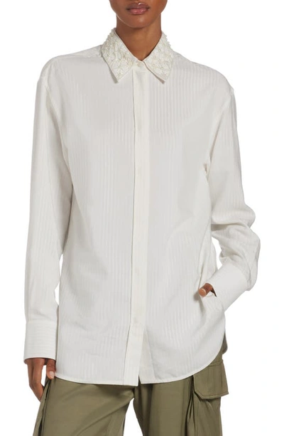 Golden Goose Imitation Pearl Embellished Jacquard Stripe Button-up Shirt In Antique White