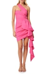 Elliatt Convergence Ruffle One-shoulder Sheath Minidress In Hot Pink