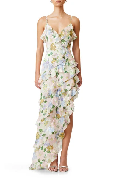 Elliatt Wilhelmina Floral Print Ruffle Chiffon Maxi Dress In Ivory Multi