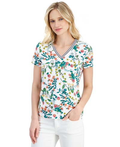 Nautica Women's Floral-print Short-sleeve V-neck Top In White