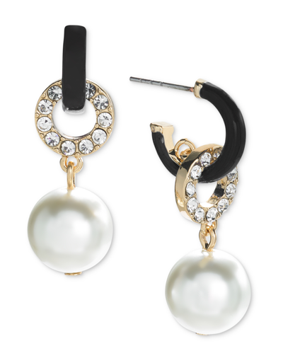 On 34th Gold-tone Pave Ring & Imitation Pearl Charm C-hoop Earrings, Created For Macy's In Black