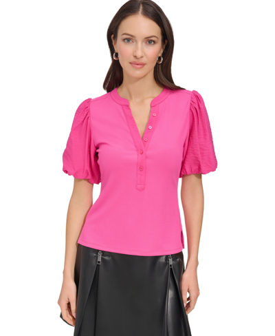 Dkny Women's Puff-sleeve Ribbed Henley Shirt In Shocking Pink