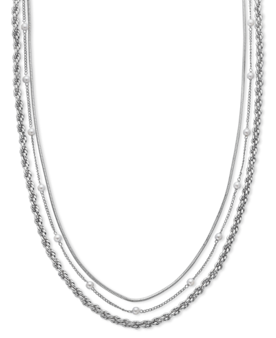 On 34th Imitation Pearl Mixed Chain Layered Necklace, 17" + 2" Extender, Created For Macy's In Silver