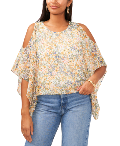 Sam & Jess Women's Cold-shoulder Cape-sleeve Top In White Floral