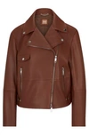 Hugo Boss Leather Jacket With Signature Lining And Asymmetric Zip In Brown