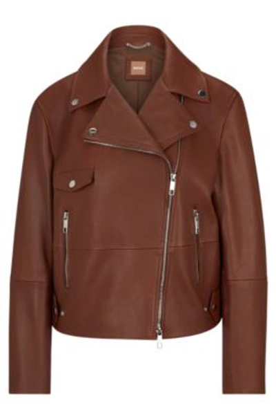 Hugo Boss Leather Jacket With Signature Lining And Asymmetric Zip In Brown