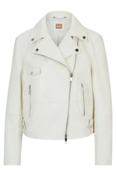 Hugo Boss Leather Jacket With Signature Lining And Asymmetric Zip In Natural