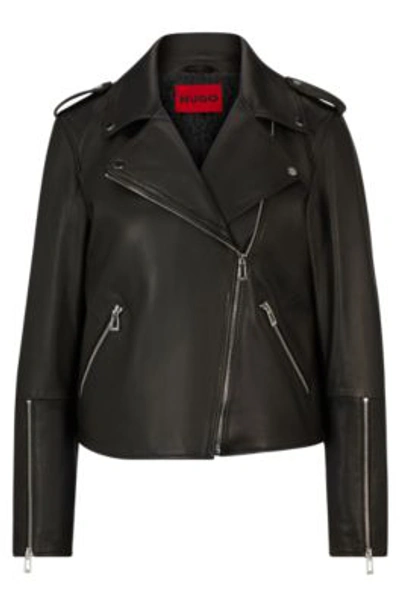 Hugo Regular-fit Biker Jacket In Leather With Asymmetrical Zip In Black