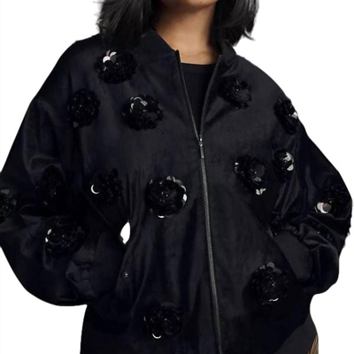 Eva Franco Velvet Floral Embroidered Bomber Jacket In Balck In Black