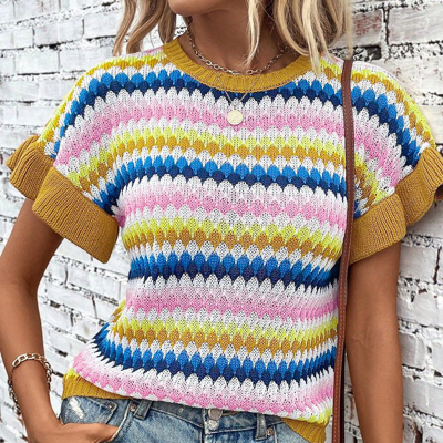 Threaded Pear Emely Ruffle Sleeve Colorful Textured Sweater In Multi