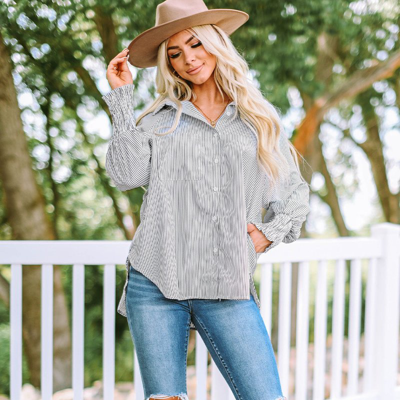 Threaded Pear Skye Smocked Cuffed Striped Boyfriend Shirt With Pocket In Gray