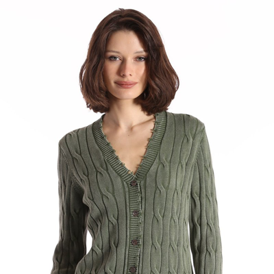 Minnie Rose Cotton Stone Wash Distressed Cable Cardigan In Green