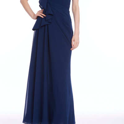 Badgley Mischka One-shoulder Pleated Leaf Evening Gown In Blue