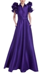 BADGLEY MISCHKA MIKADO RUFFLE-SLEEVE GOWN WITH BELTED FULL SKIRT