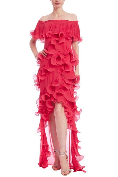 Badgley Mischka Off-shoulder High-low Gown With Cascading Ruffles In Pink