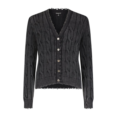 Minnie Rose Cotton Stone Wash Distressed Cable Cardigan In Black