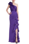 BADGLEY MISCHKA ONE SHOULDER ROSE GOWN WITH RUFFLED BODICE