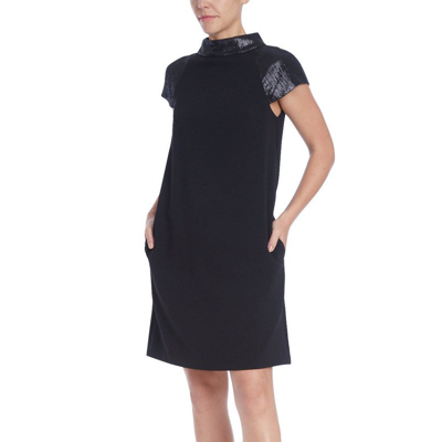 Badgley Mischka Funnel-neck Combo Shift Mini Dress In Black