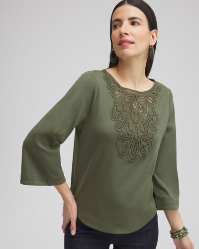 Chico's Lace Inset Top In Olive Green